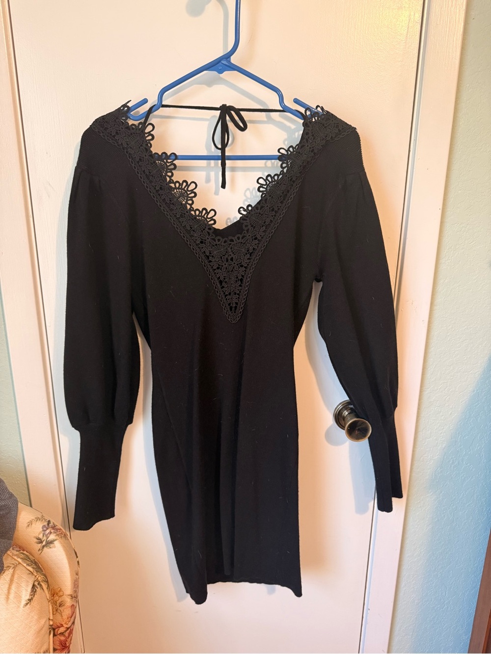 Black Long-Sleeve Lace-Trim V-Neck Dress